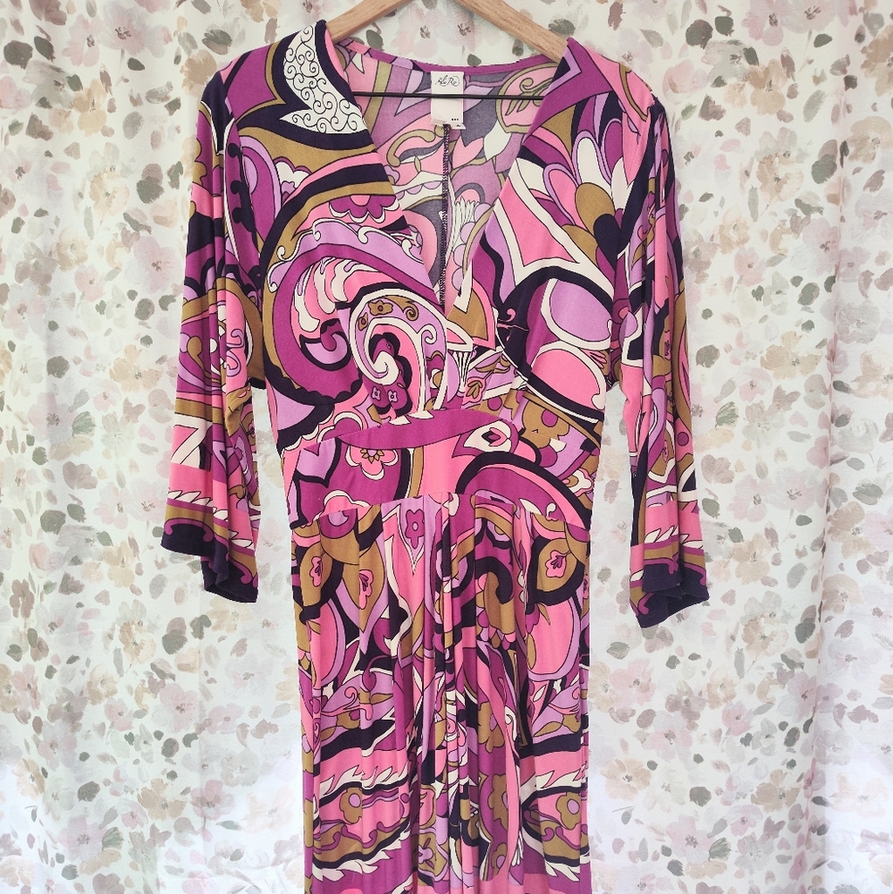 Retro Bell Sleeve Dress Purple Pink Olive Floral Short V-Neck Small Size 4 Vtg